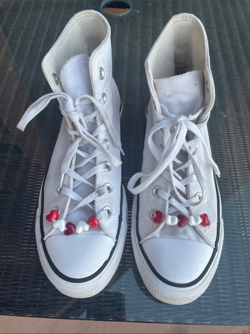 Converse White High Top Lace-Up Sneakers with Red and White Bead Charms